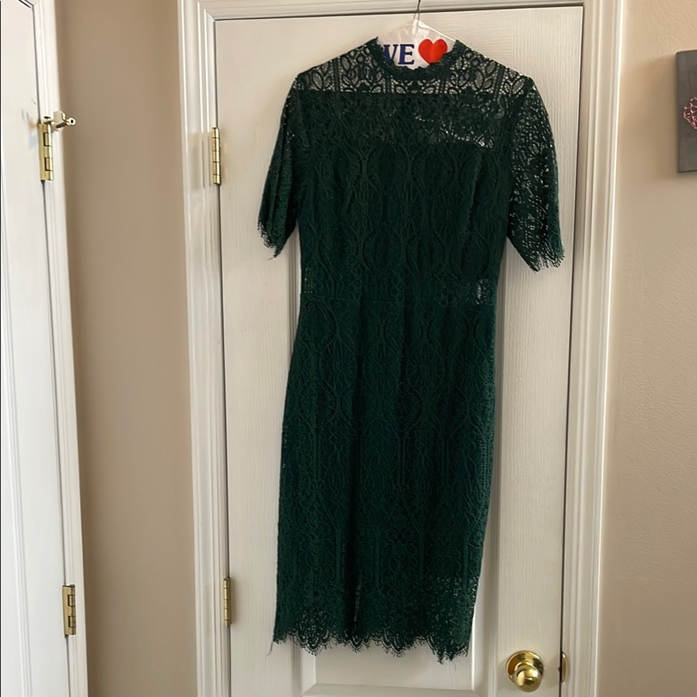 Green Mock Neck Sheath Midi Dress